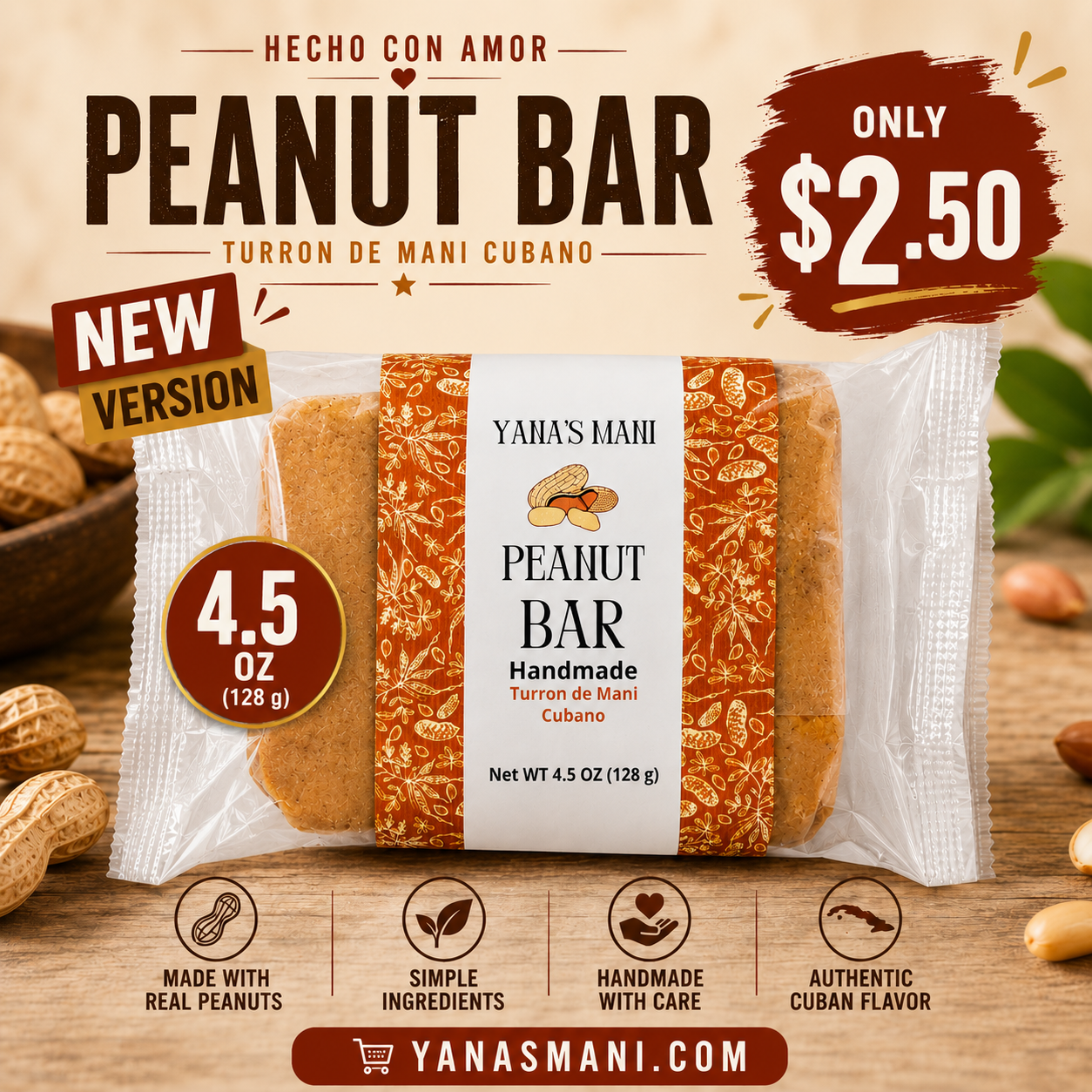 Yana's Mani Peanut Bar 4.5 oz