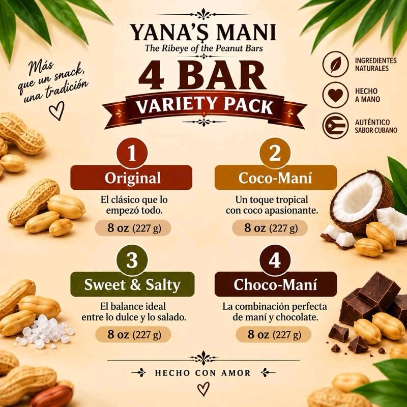 Yana’s Mani Cuban Peanut Bars, 4-Bar Variety Pack Snack Bar