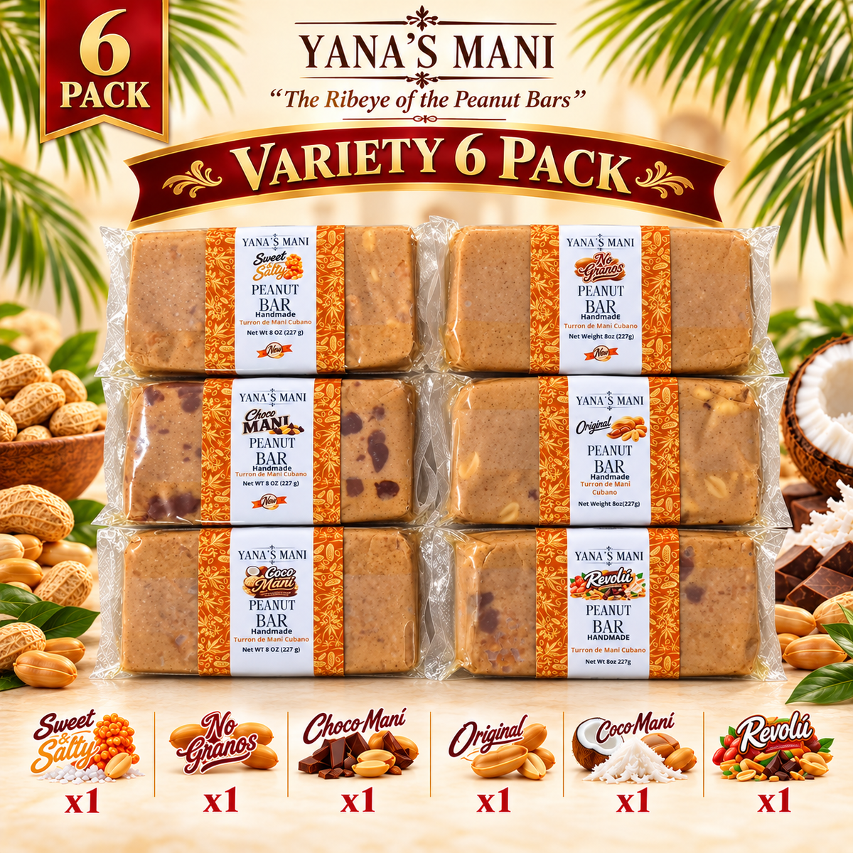 Yana’s Mani Cuban Peanut Bars (Turrón de Maní), Variety 6-Pack, 8 oz Each