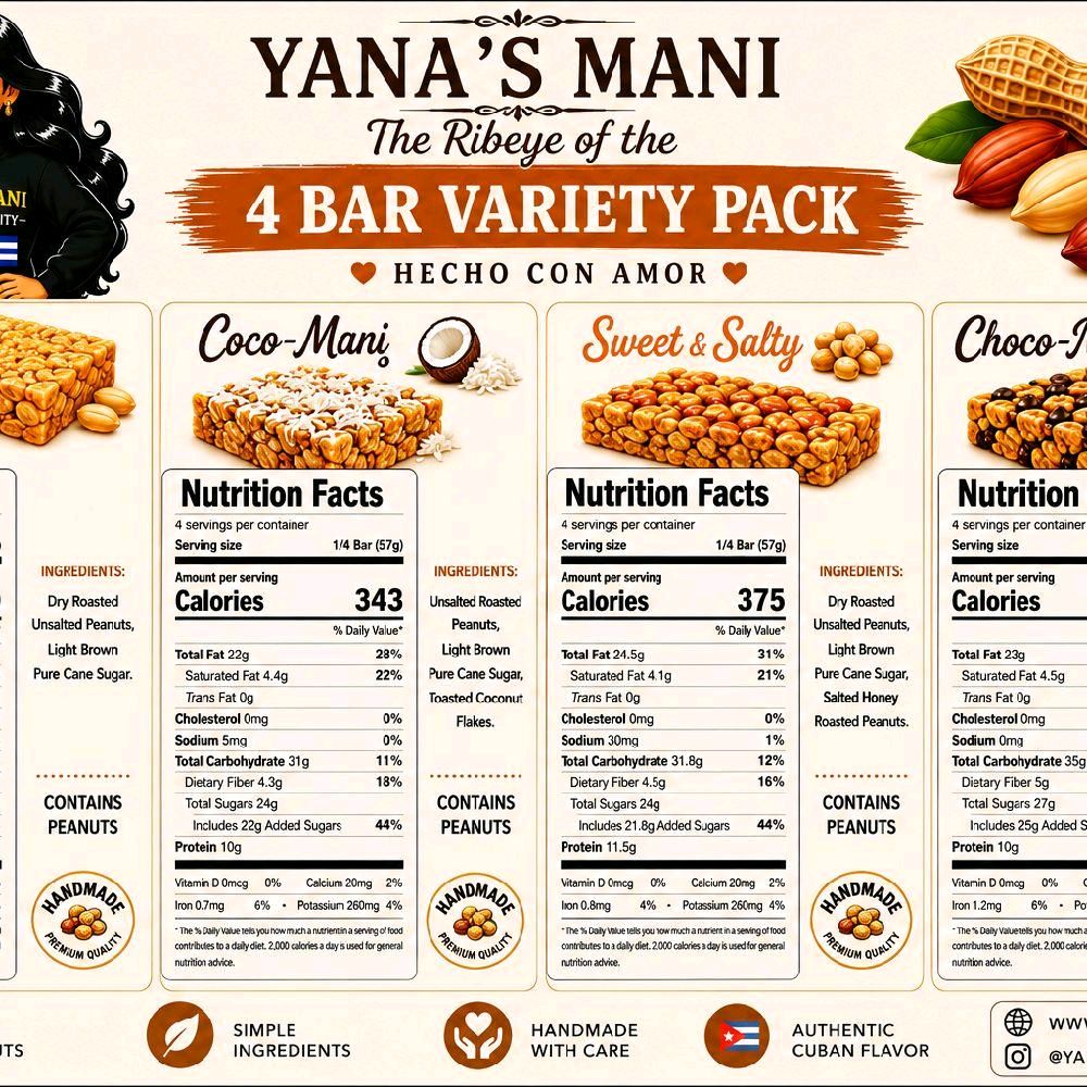 Yana’s Mani Cuban Peanut Bars, 4-Bar Variety Pack Snack Bar