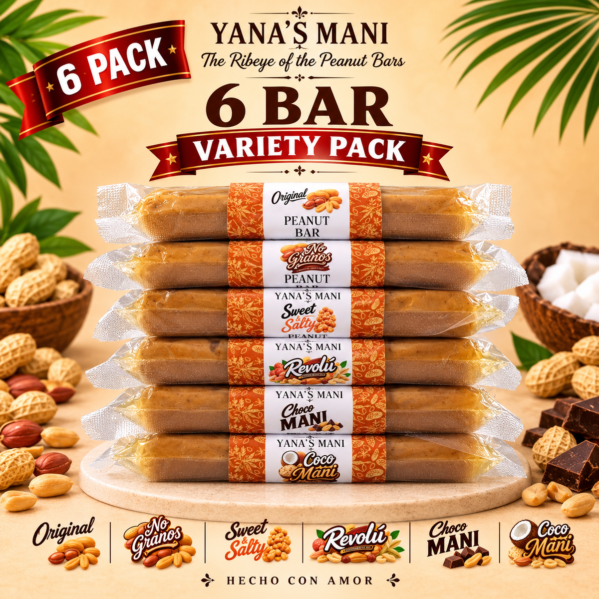 Yana’s Mani Cuban Peanut Bars (Turrón de Maní), Variety 6-Pack, 8 oz Each